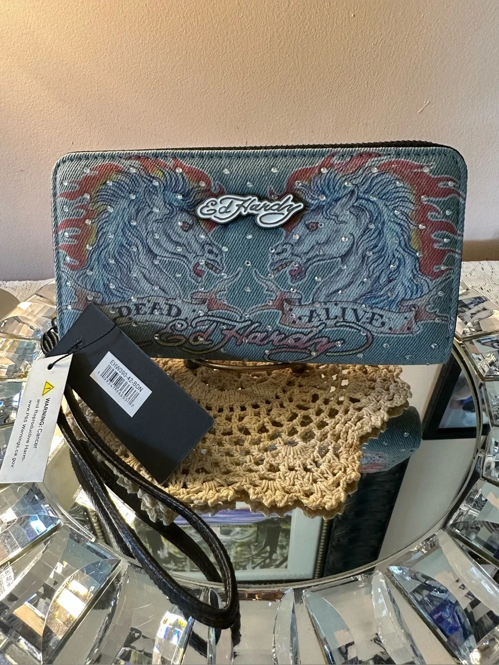 Ed Hardy Blue Duo Horse Dead or Alive Zip Wallet with Stud Accents